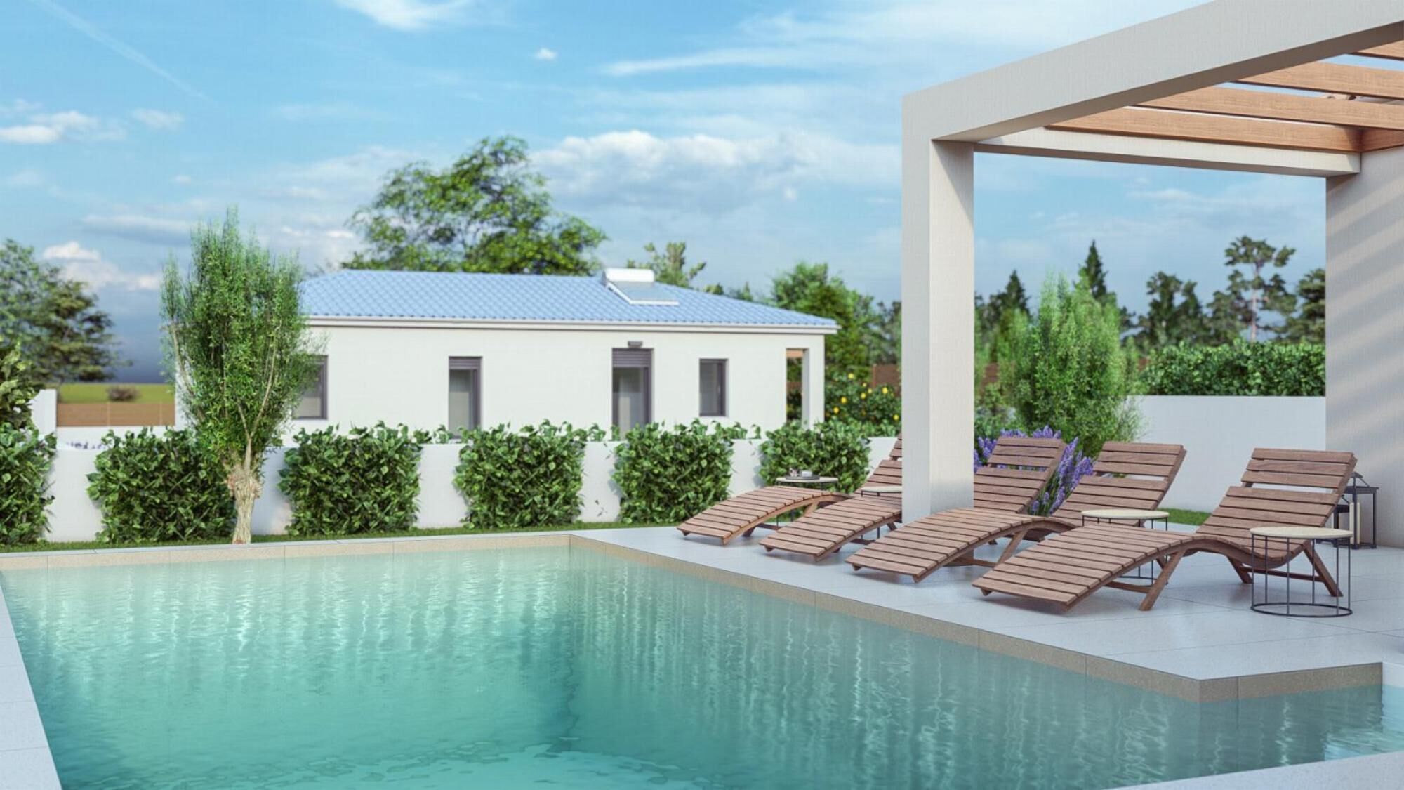 Ein moderner Poolbereich mit Liegestühlen und einem Gebäude im Hintergrund.