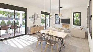 A modern kitchen with a dining table and chairs, a built-in oven, and a large window providing a view of the outdoors. - Villa Petra in Afrato (Kefalonia)