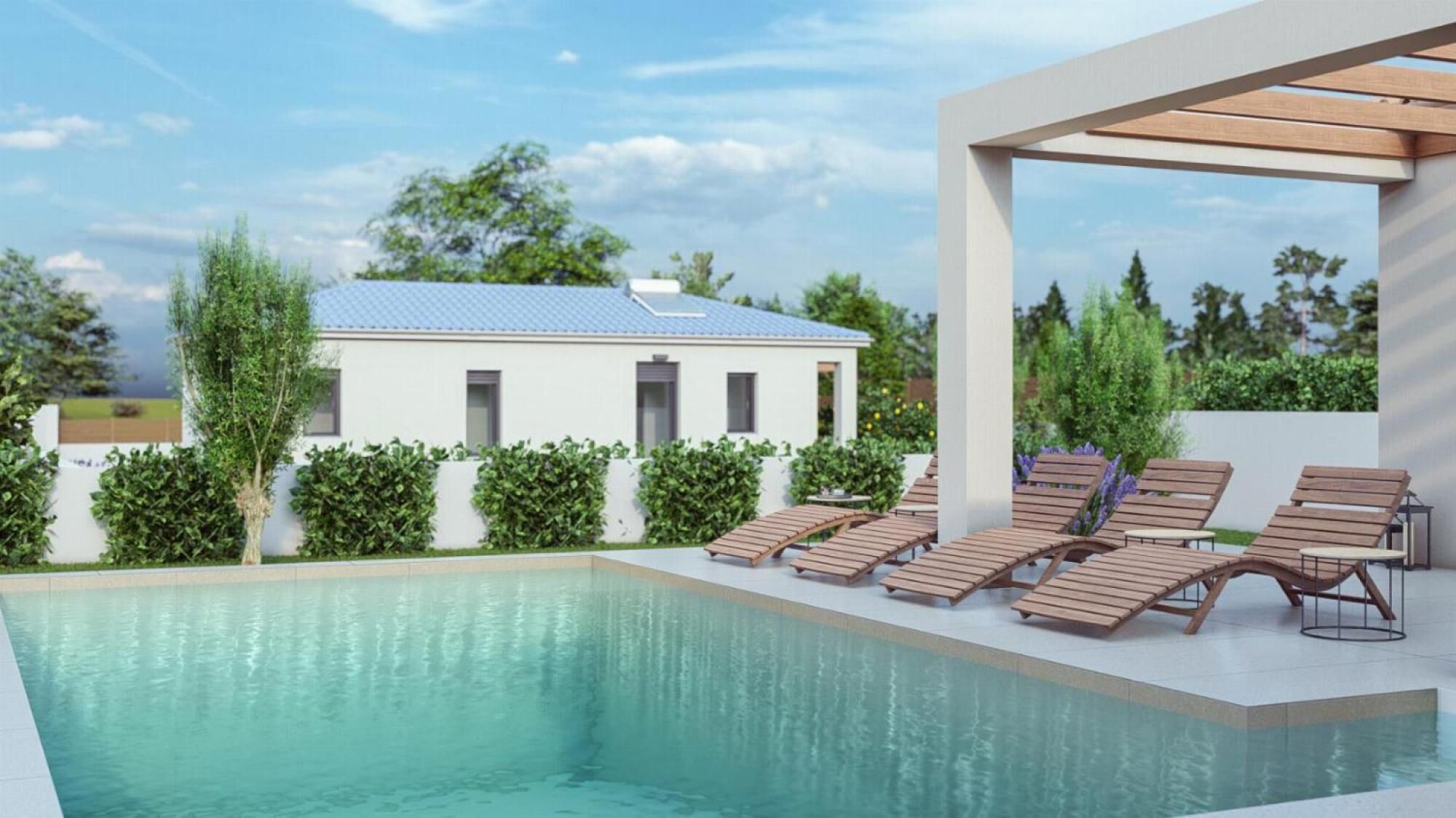 Una casa moderna con piscina, poltrona prendisole in legno e un pergolato.