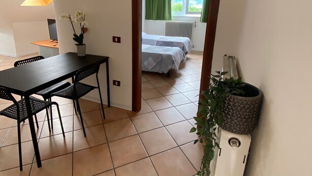 Una habitación con mesa de comedor, sillas, una planta en maceta, una cama con ventana y un radiador.