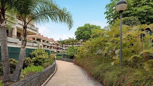 A pathway lined with greenery and a building with balconies.