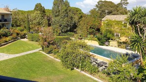 Un área residencial con piscina, abundante vegetación y un cielo azul despejado.