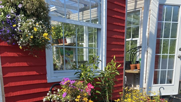Ein rotes Haus mit einem Garten, der voller verschiedener Blumentöpfe und Blumen ist.