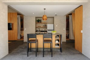 Fridge, stovetop, coffee/tea maker, cookware/dishes/utensils