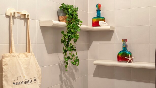 A bathroom with white tiles, a hanging plant, a colorful bottle, and a beige tote bag. - Sardinia RE - Flavia s Flat - Free Parking (Alghero)