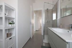 A modern bathroom with a glass shower enclosure, a white sink, and a mirror.