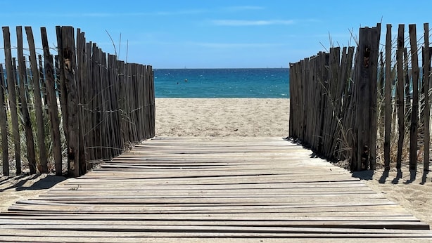 Ein hölzerner Steg führt zu einem Sandstrand unter blauem Himmel.