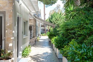 Stroll through lush gardens to a serene entrance with a hammock inviting relaxation.