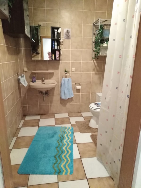 Dusche, Handtücher, Seife, Shampoo