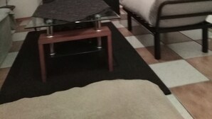 A living room with a sofa, a coffee table, a TV, and a plant.