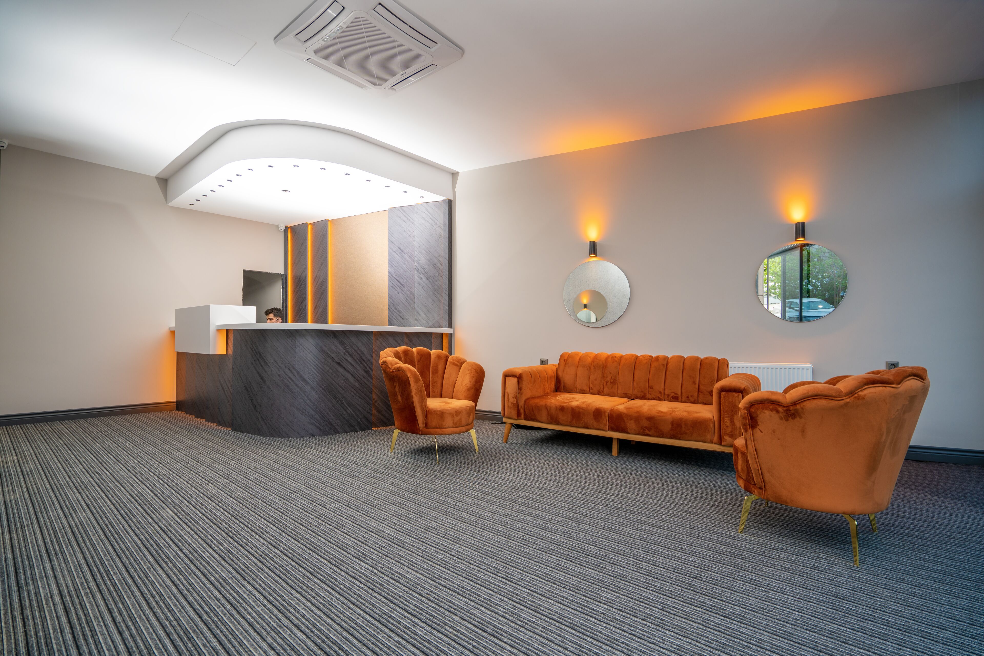 A modern reception area with a curved ceiling, a reception desk, and two sofas.