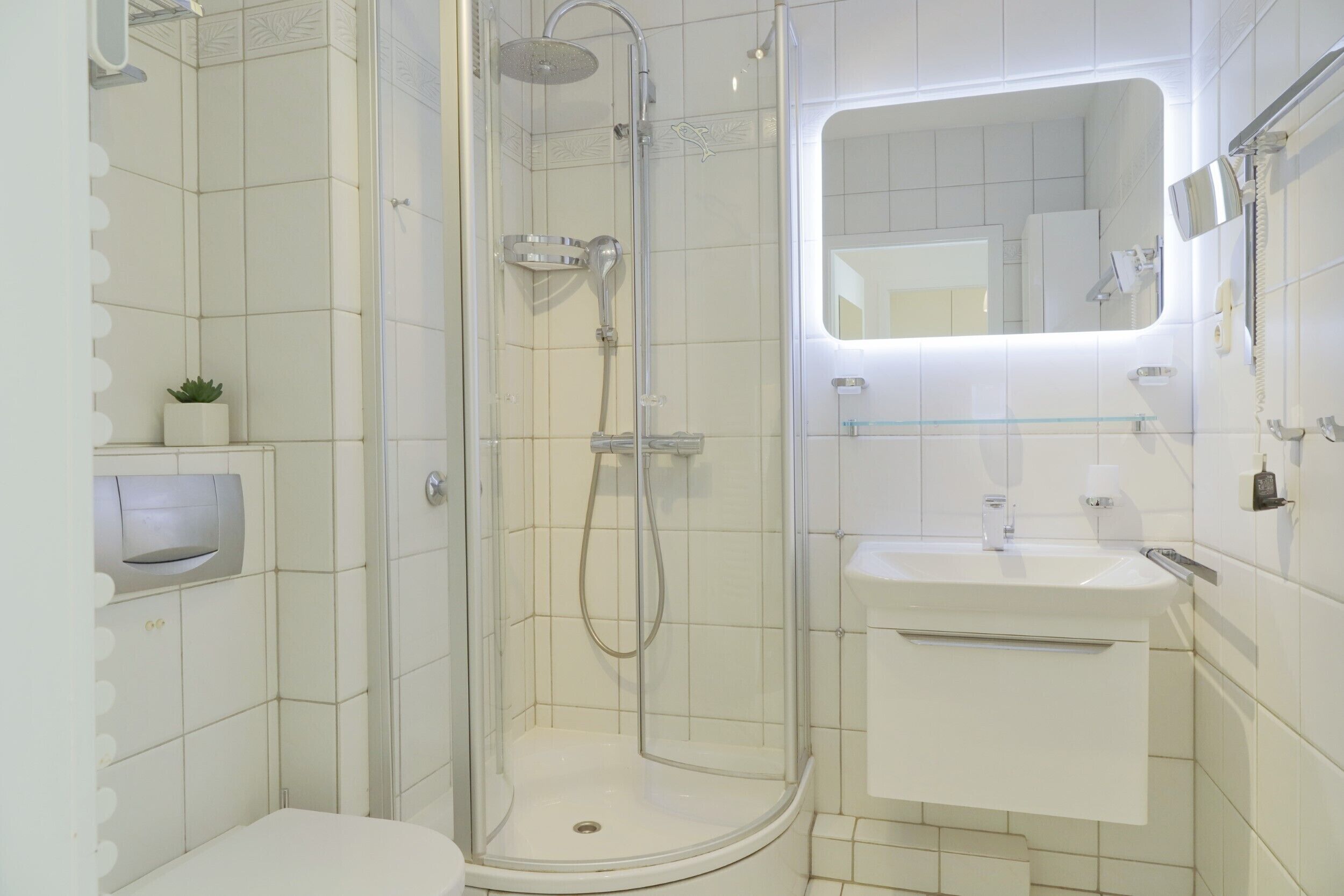 A modern bathroom with a glass-enclosed shower, a white sink, and a mirror above the sink.