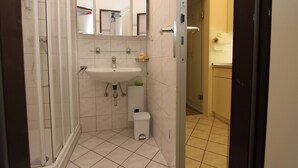 Une salle de bain équipée d’un lavabo, d’un miroir, d’une douche et de toilettes.