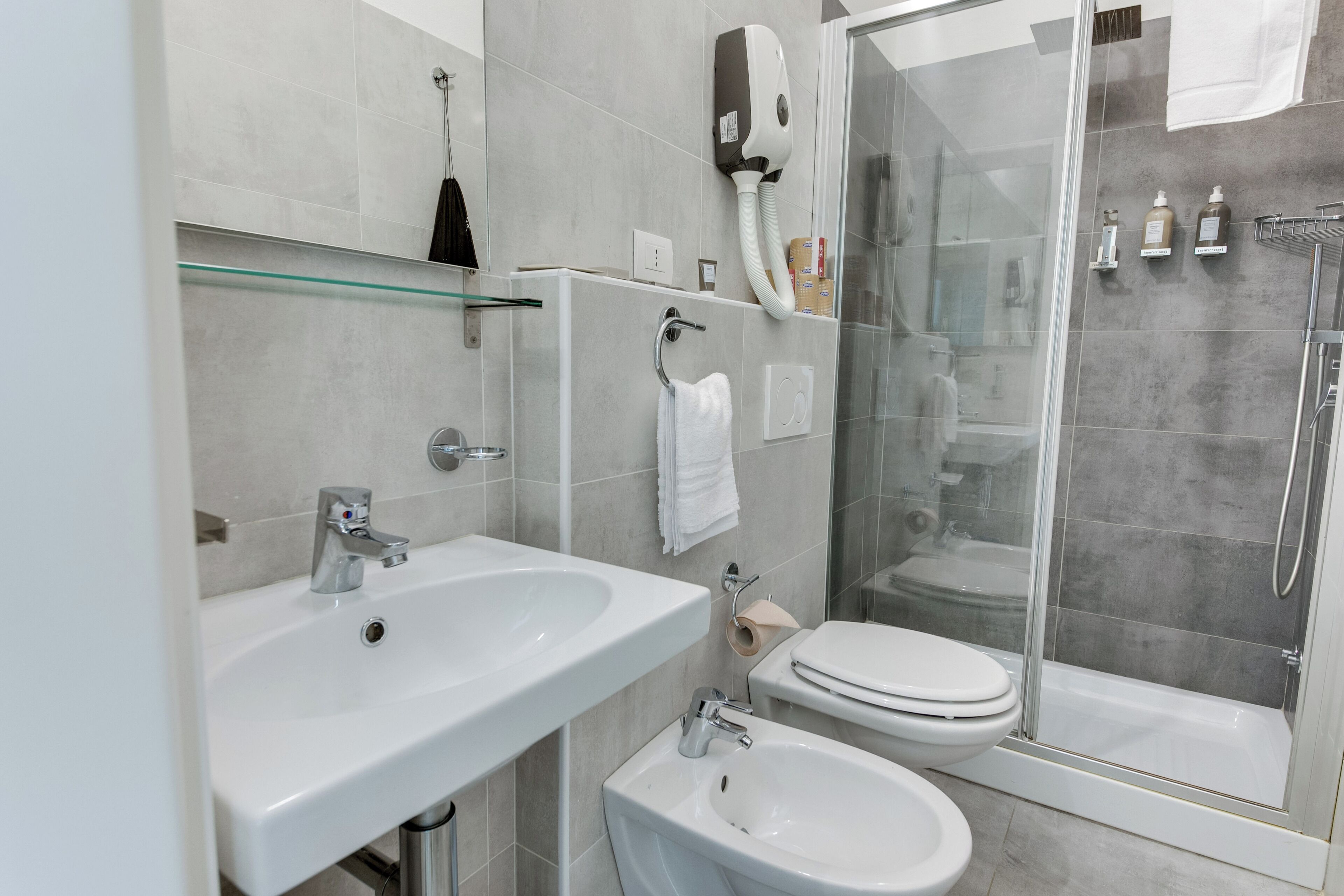 A modern bathroom with a glass shower enclosure, a white sink, and a bidet.