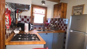 Une cuisine de taille réduite équipée d’une cuisinière à gaz, d’un évier et d’un réfrigérateur.