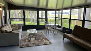 Smart TV, fireplace, books, stereo