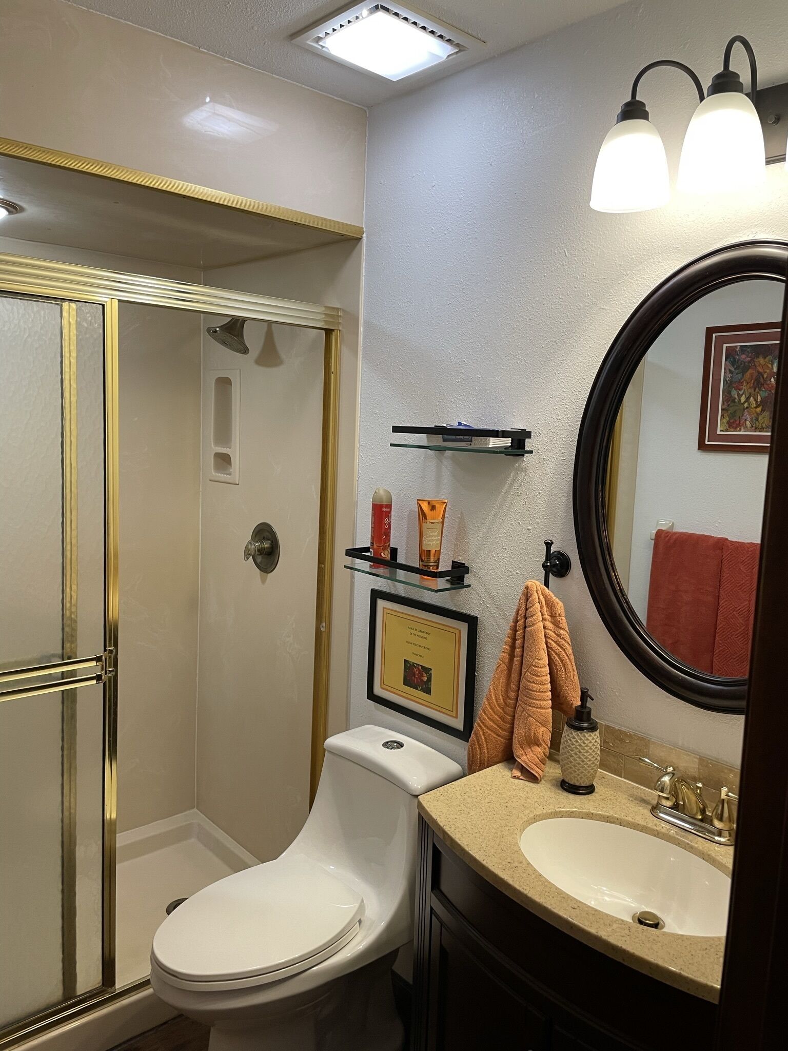 A bathroom with a glass-enclosed shower, a white toilet, a vanity with a sink, and a large mirror.