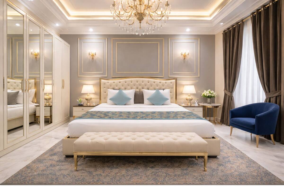 A luxurious bedroom with a large bed, a chandelier, a blue armchair, and a mirror cabinet.