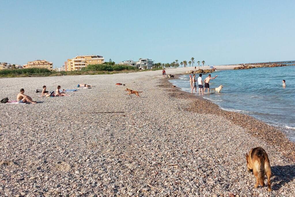 Una playa de guijarros con gente tomando el sol y caminando por la orilla.