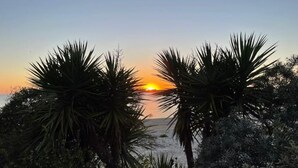 A sunset view with palm trees in the foreground. - Superbe Appartement Cosy - Plage des Minimes (La Rochelle)