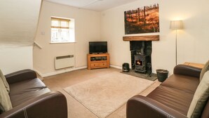A living room with a fireplace, a television, and a sofa. - Aqueduct Cottage (Pontypool)