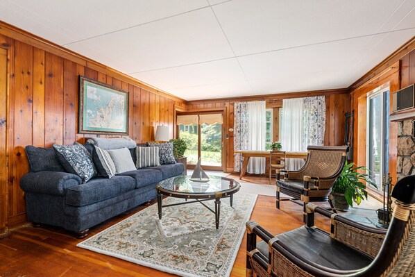 TV, fireplace, books, video library