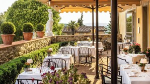 Un área de comedor al aire libre con mesas y sillas, rodeada de follaje y una estatua.