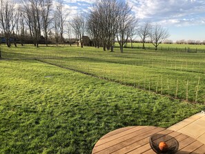 A grassy field with trees and a wooden table with a basket. - Terrasse und Garten mit Meerblick am Naturschutzgebiet Riedensee 800m zum Strand (Bastorf)