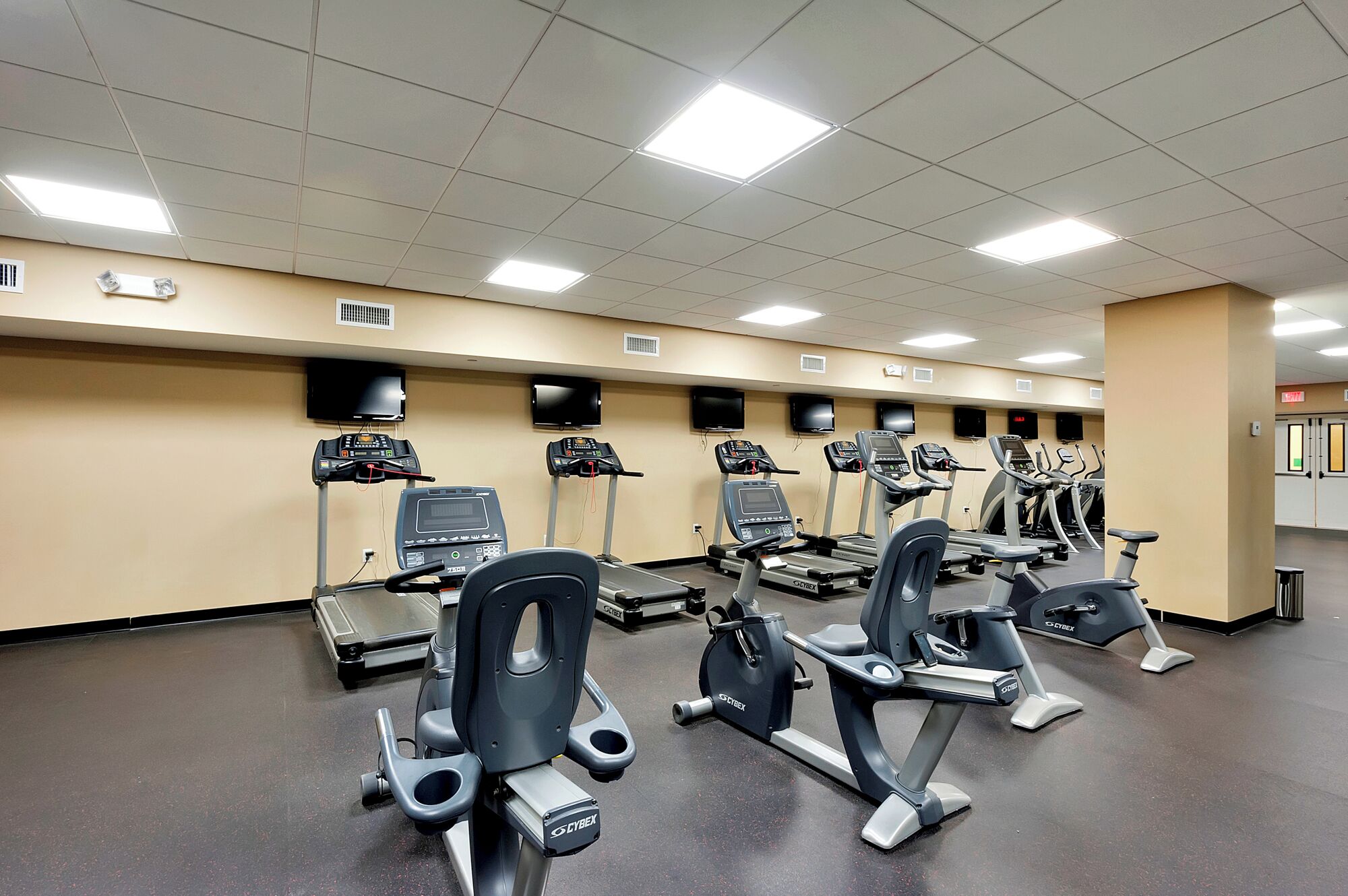 Ein Fitnessraum mit mehreren Laufbändern und Crosstrainern, einem ebenen Boden und einer Decke mit Leuchtstofflampen.