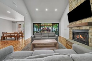 Smart TV, fireplace, video games, stereo