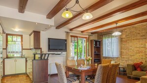 Amplia sala de estar con mesa de comedor, sillas de mimbre, sofá y televisor.