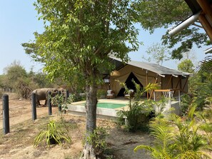 A tented accommodation with a pool, surrounded by greenery and an elephant enclosure. - Elephant View Camp (Tha Yang)