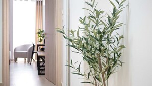 Un corridoio con un olivo in vaso, una sveglia appesa al muro e un’anta vista di una sala da pranzo sullo sfondo.