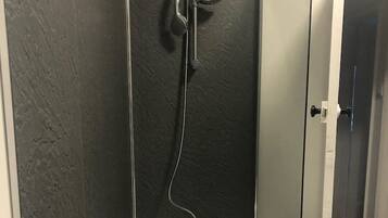 Hair dryer, towels, soap, shampoo