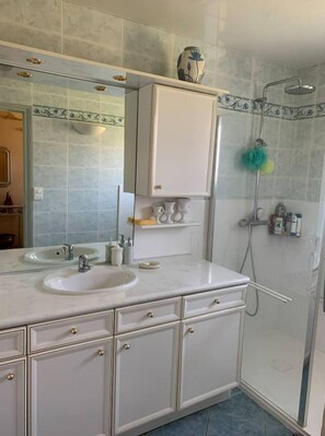 Shower, hair dryer, towels