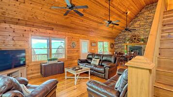 Smart TV, fireplace, table football, books