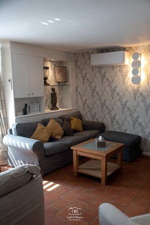 Smart TV, fireplace, books