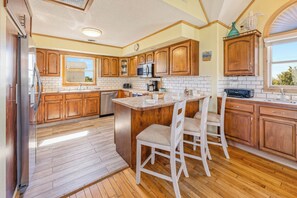 Fridge, microwave, oven, stovetop - Semi-Oceanfront Home with Private Pool, Hot Tub, and Nearby Beach Access (Avon)