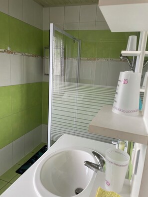 Shower, hair dryer, soap, shampoo