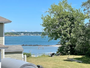 A coastal view with a house, a tree, and a beach.