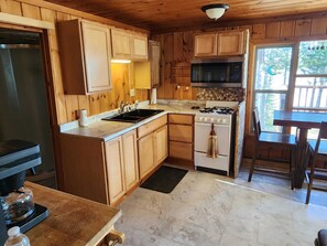 Une cuisine avec des meubles de rangement en bois, un évier, une cuisinière et un four à micro-ondes.