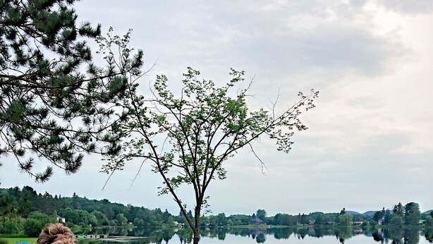 Terraza junto al lago con muebles de madera, una chimenea y vistas a un lago tranquilo y edificios al fondo.