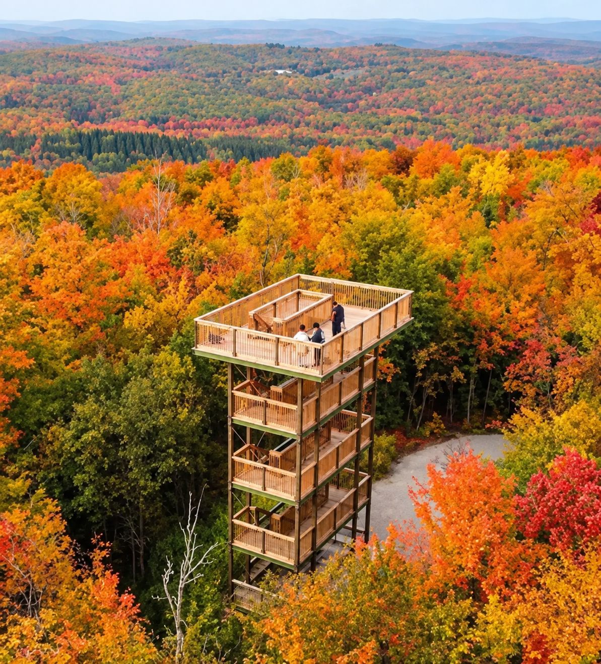 A multi-level wooden structure with a viewing platform, surrounded by autumn foliage.