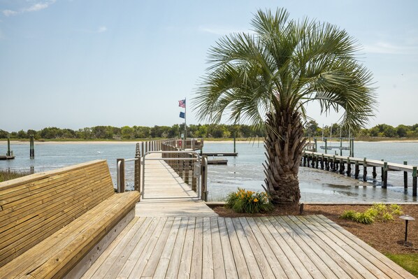 A wooden pier leading to a dock with a palm tree and a bench.