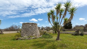 A stone structure in a grassy area with palm trees and a clear sky. - 3326 Villetta Jannara by Barbarhouse (Melendugno)