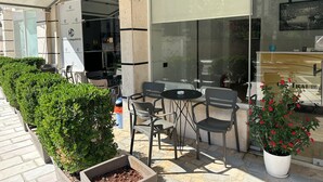 An outdoor seating area with tables and chairs, a potted plant, and a glass wall with a view.