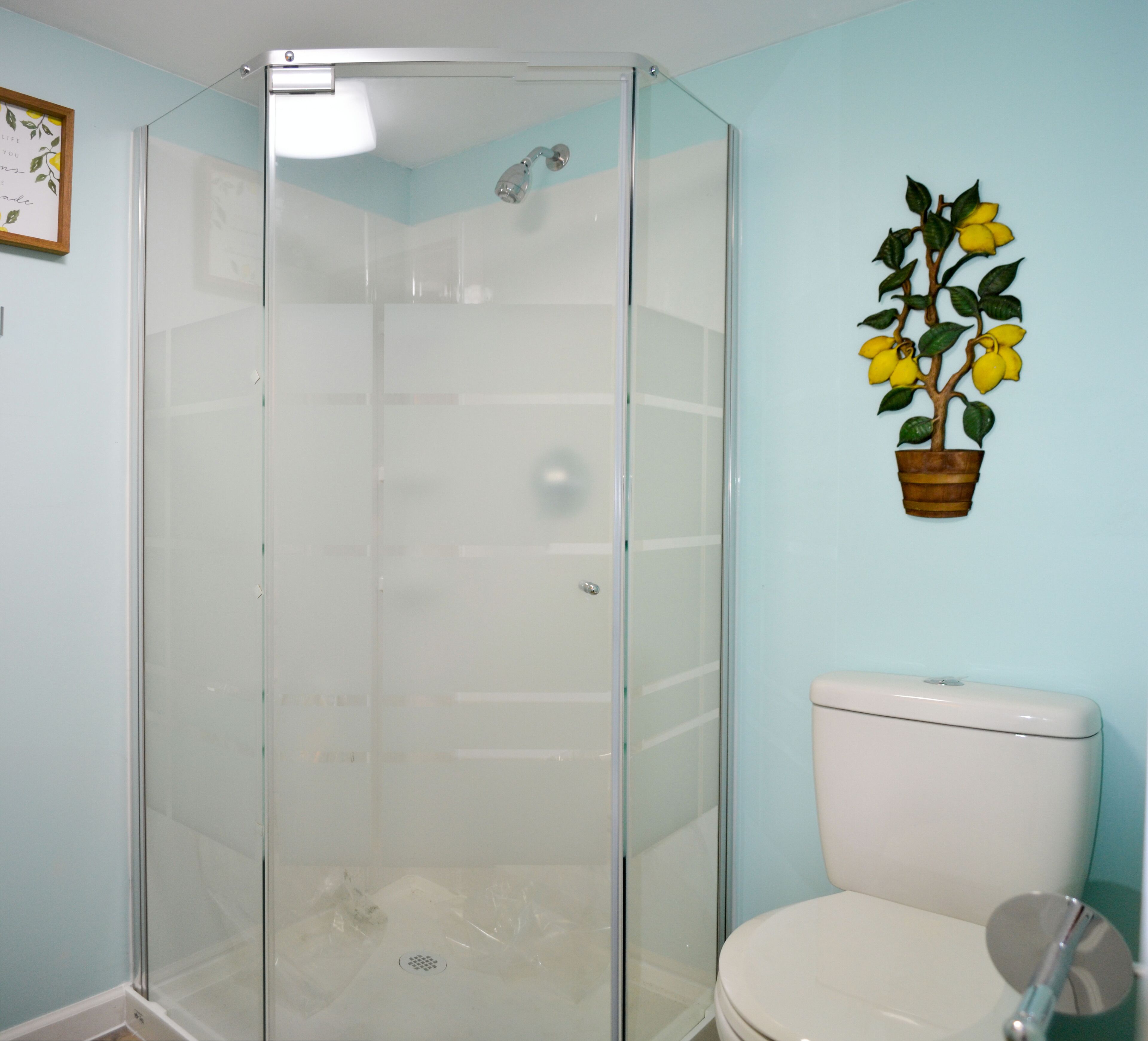 Een badkamer met een douche met glazen wand, een toilet en een in pot groeiende plant aan de muur.