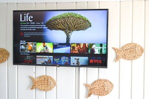 Un televisor instalado en la pared mostrando la serie documental 'Life'.