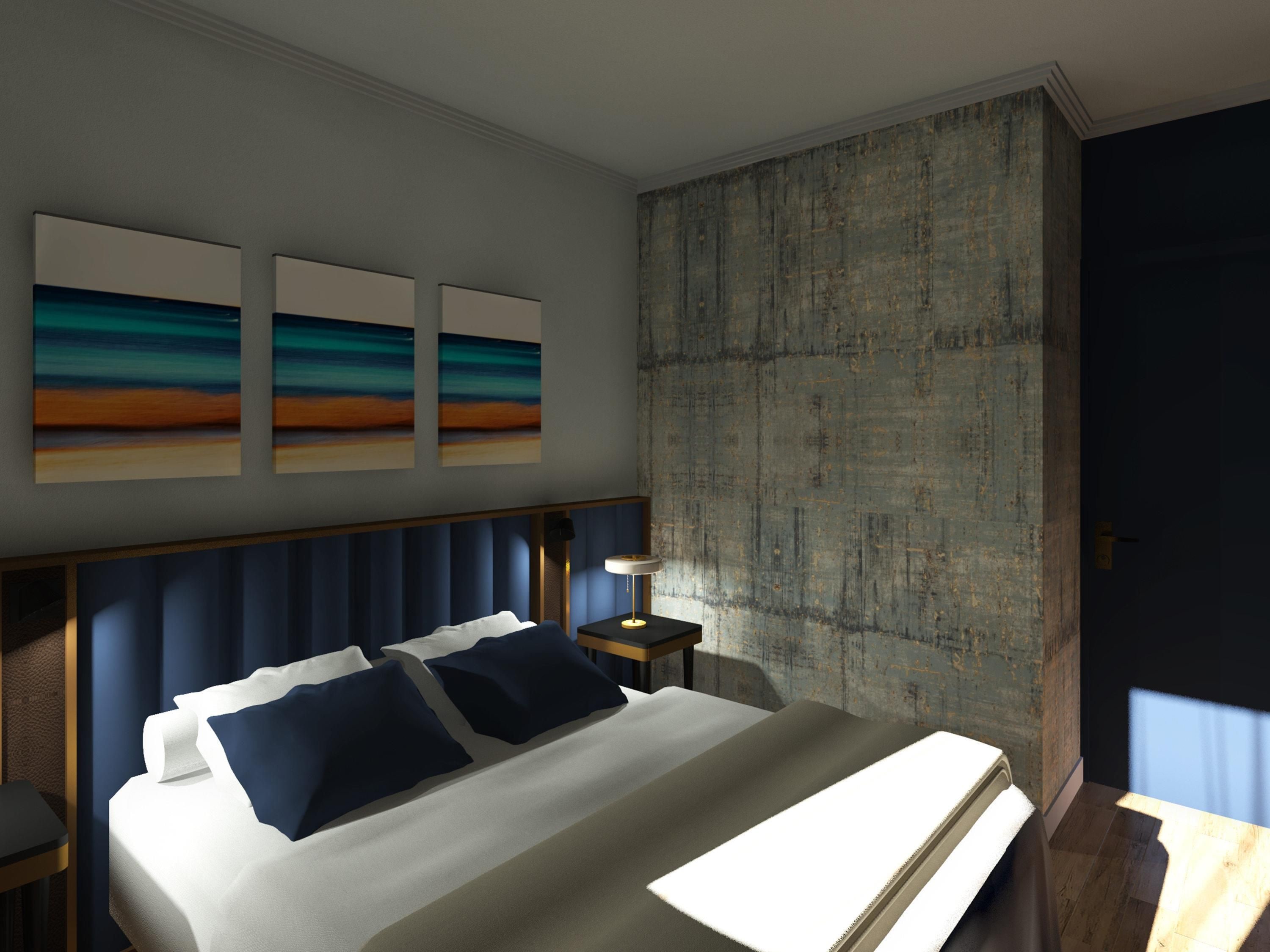 A modern bedroom with a bed, bedside tables, and abstract wall art.