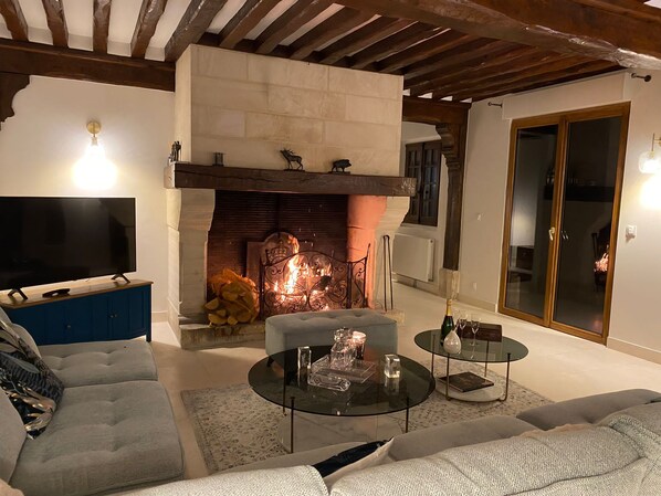 Smart TV, fireplace, ping pong, books